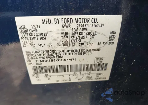 2012 Ford Explorer z USA, uszkodzony, nr VIN 1FMHK8B8XCGA77674